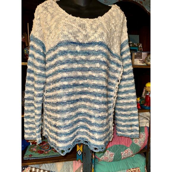 FREE PEOPLE FRENCH CREEK COTTON SLUB KNIT STRIPED SWEATER W/ CROCHET SIDES S - Picture 4 of 11